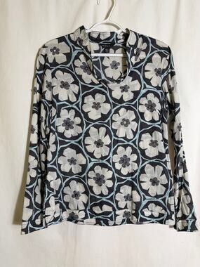Think Tank Gray Floral Mock Neck Top Small 3D Applique Cotton Long Sleeve Boho